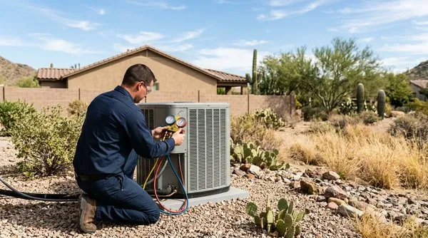 A technician in navy coveralls kneels beside an outdoor air conditioning condenser at a desert home, reading a set of refrigerant gauges connected to the unit, with saguaro cactus and gravel landscaping behind him.