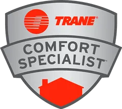 A silver shield logo with the Trane logo, the text